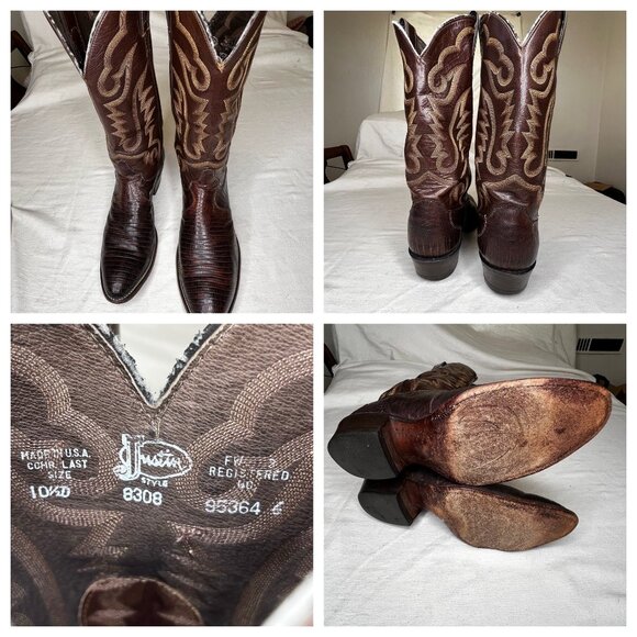 JUSTIN Brown Lizard Skin Leather Cowboy Boots Mens Size 10.5 D Style 8308 - Picture 11 of 16